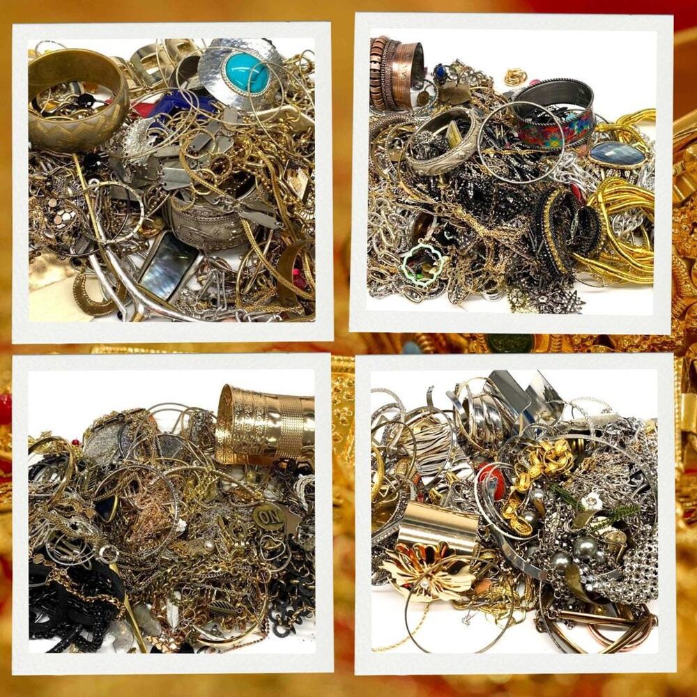 2 lbs Vtg -mod mix metal Costume Jewelry Jar Lot Plated Mystery Untested  -READ